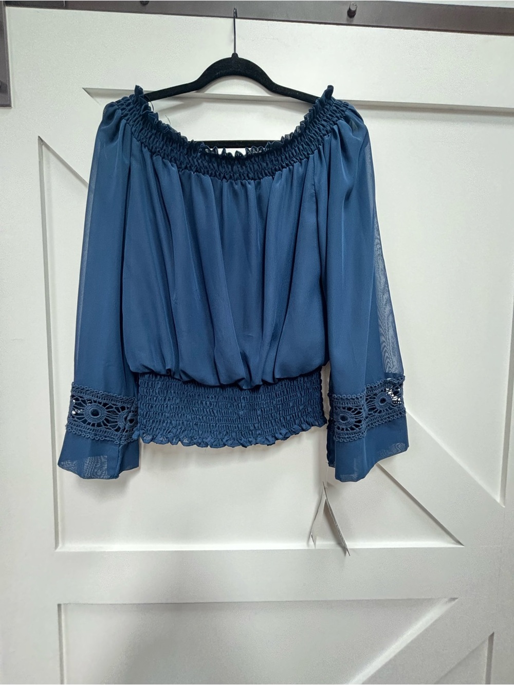 XOXO Slate Blue Smocked Off-Shoulder Blouse